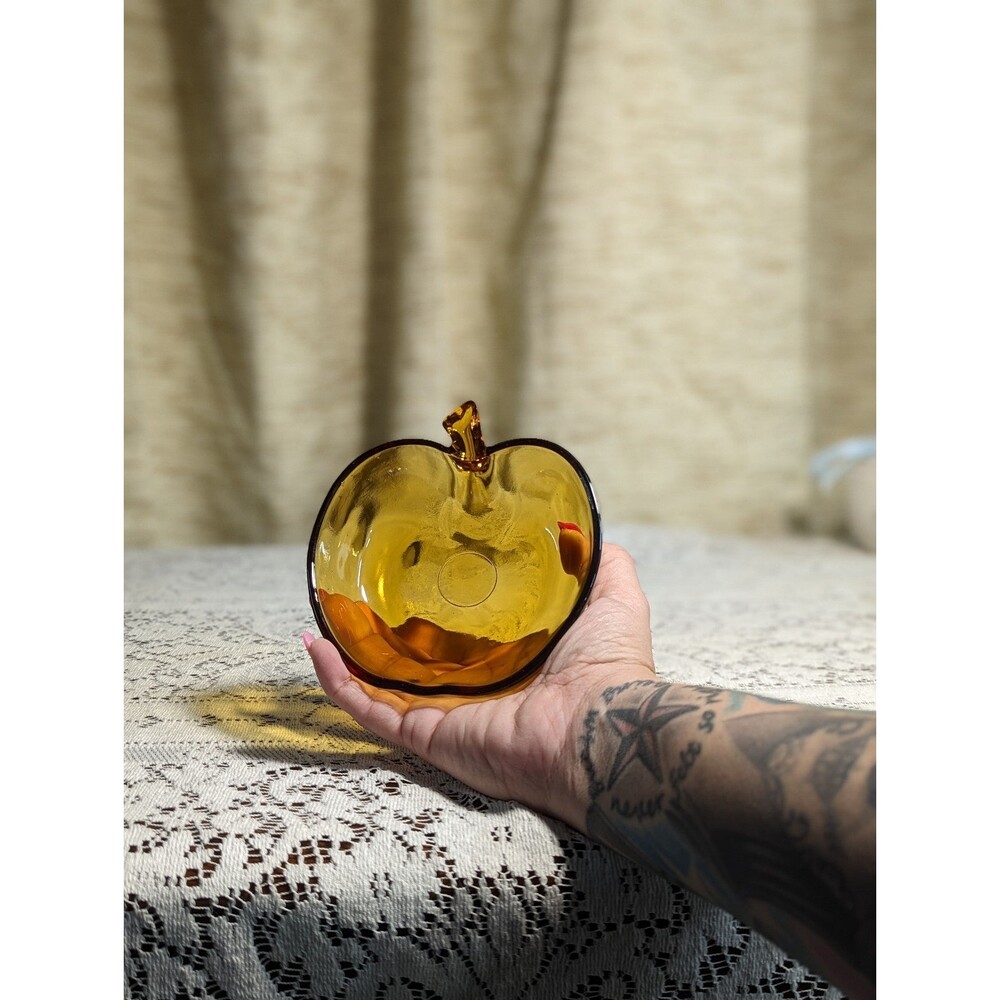 Vintage‎ Hand blown 4.5" Amber Glass Apple Dish Anchor Hocking